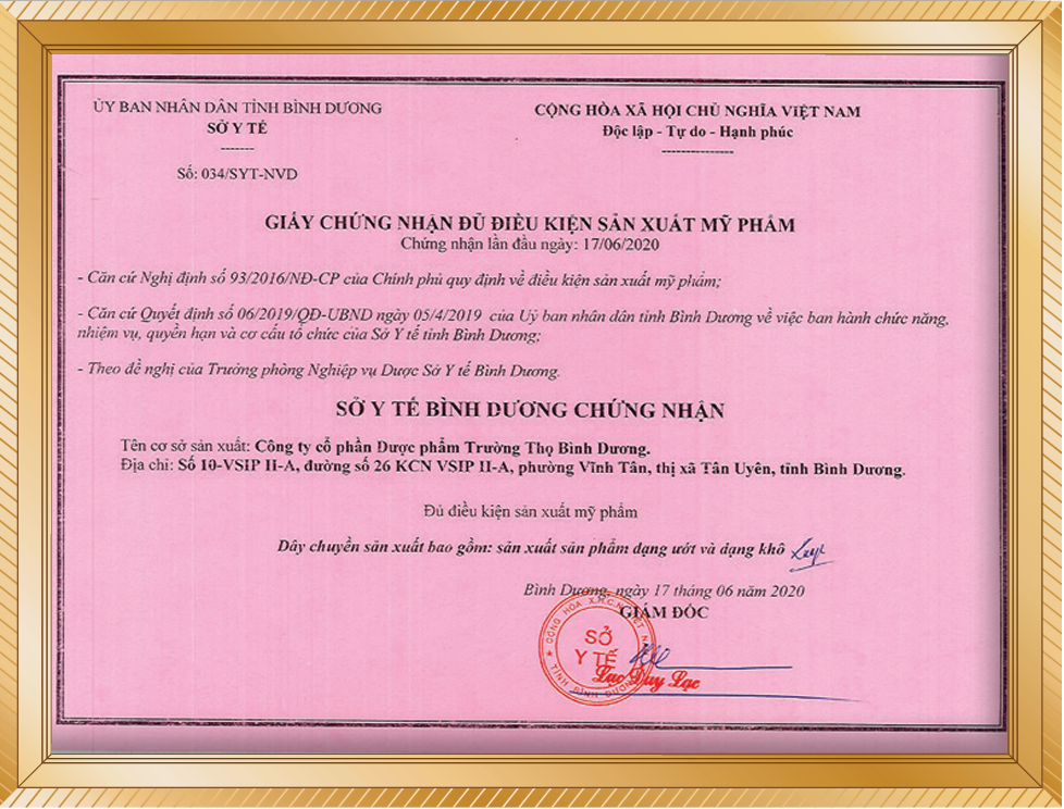 GIẤY CHỨNG NHẬN ĐỦ ĐIỀU KIỆN SẢN XUẤT MỸ PHẨM