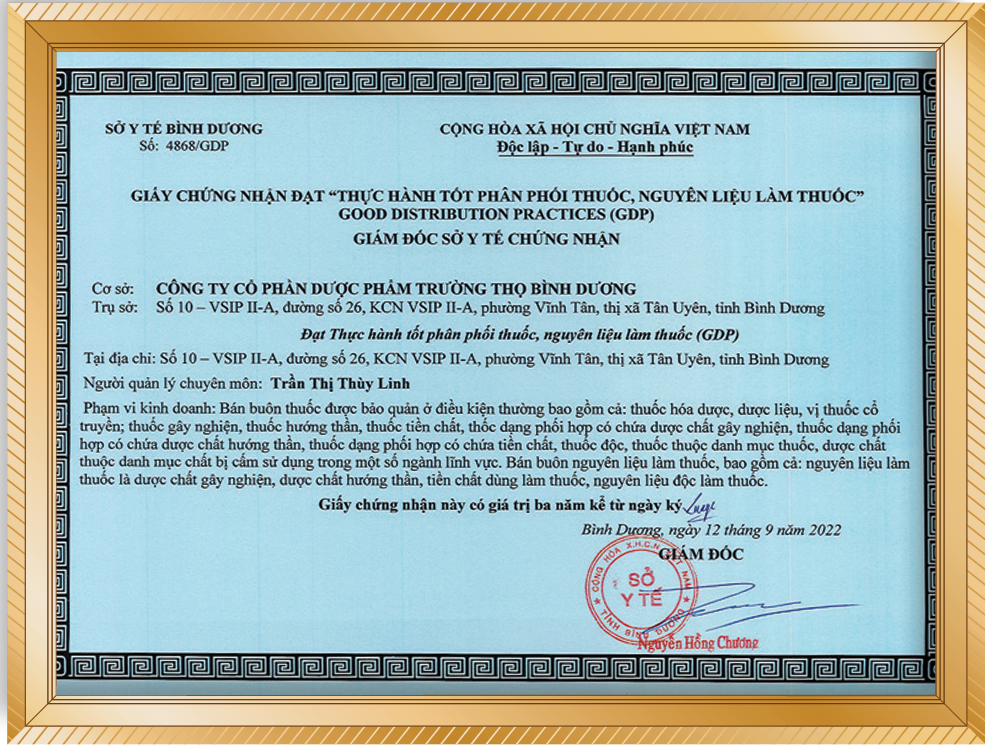 Giấy chứng nhận đạt Thực hành tốt phân phối thuốc (GDP)