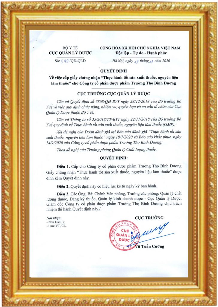 giấy phép GMP trường thọ bình dương