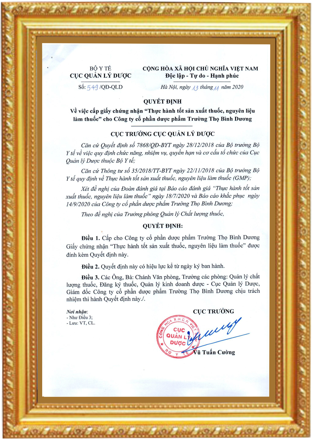 giấy phép GMP trường thọ bình dương